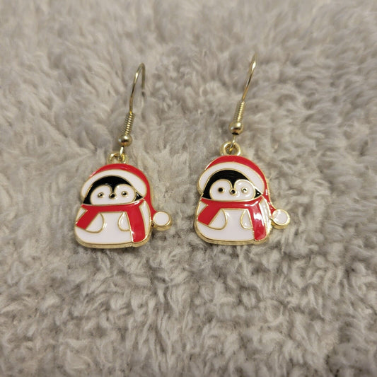 Santa Claus Penguins Earrings Christmas Gold Tone Fish Hook Holiday Winter