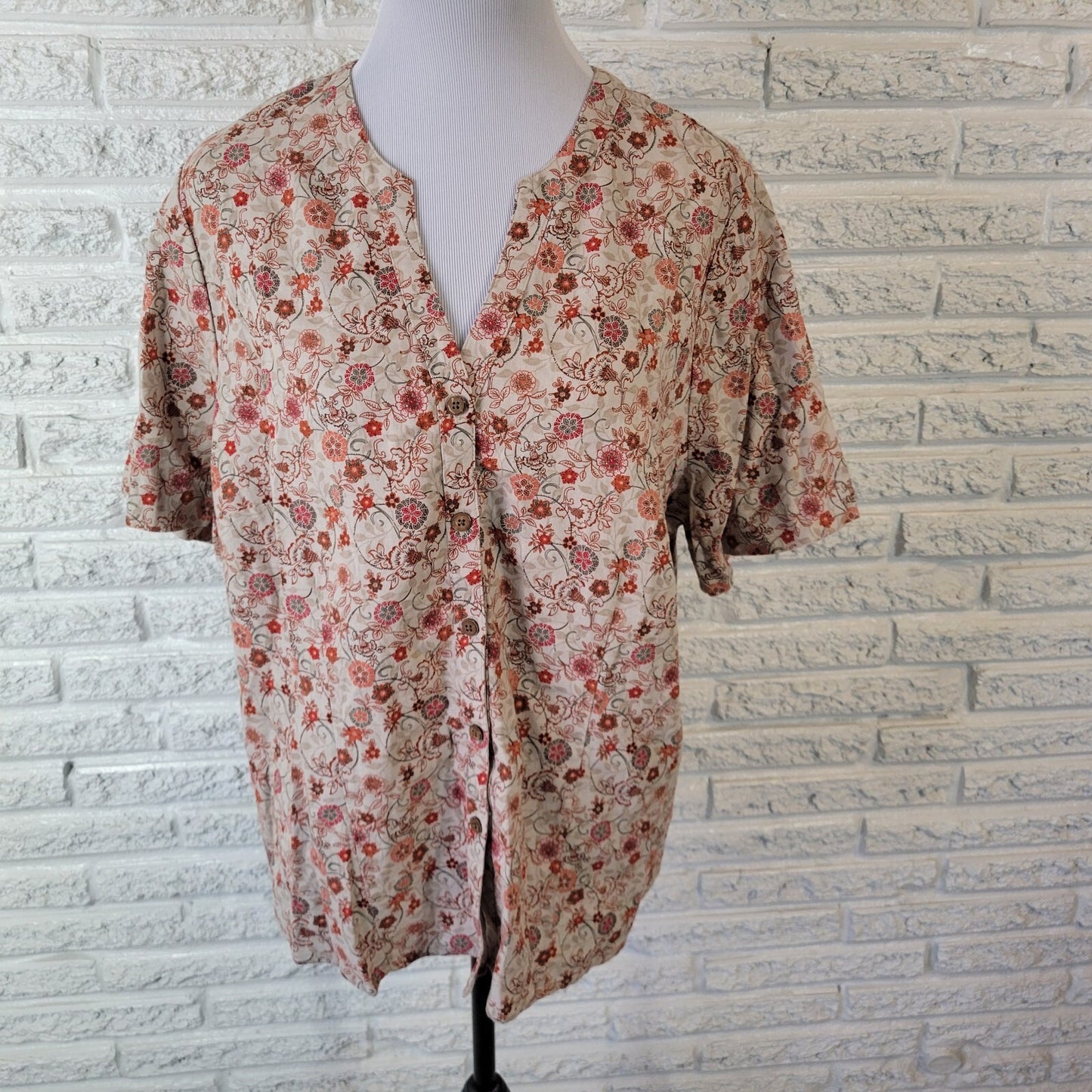 CJ Banks Womens Top 1X Plus Short Sleeve Red Floral Linen Rayon Lightweight