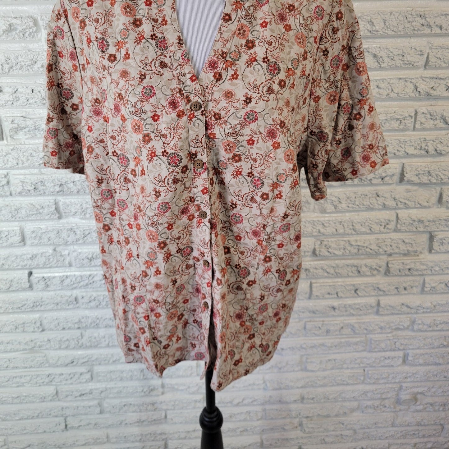 CJ Banks Womens Top 1X Plus Short Sleeve Red Floral Linen Rayon Lightweight
