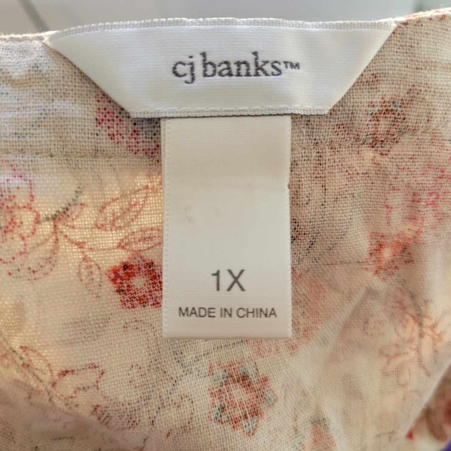 CJ Banks Womens Top 1X Plus Short Sleeve Red Floral Linen Rayon Lightweight
