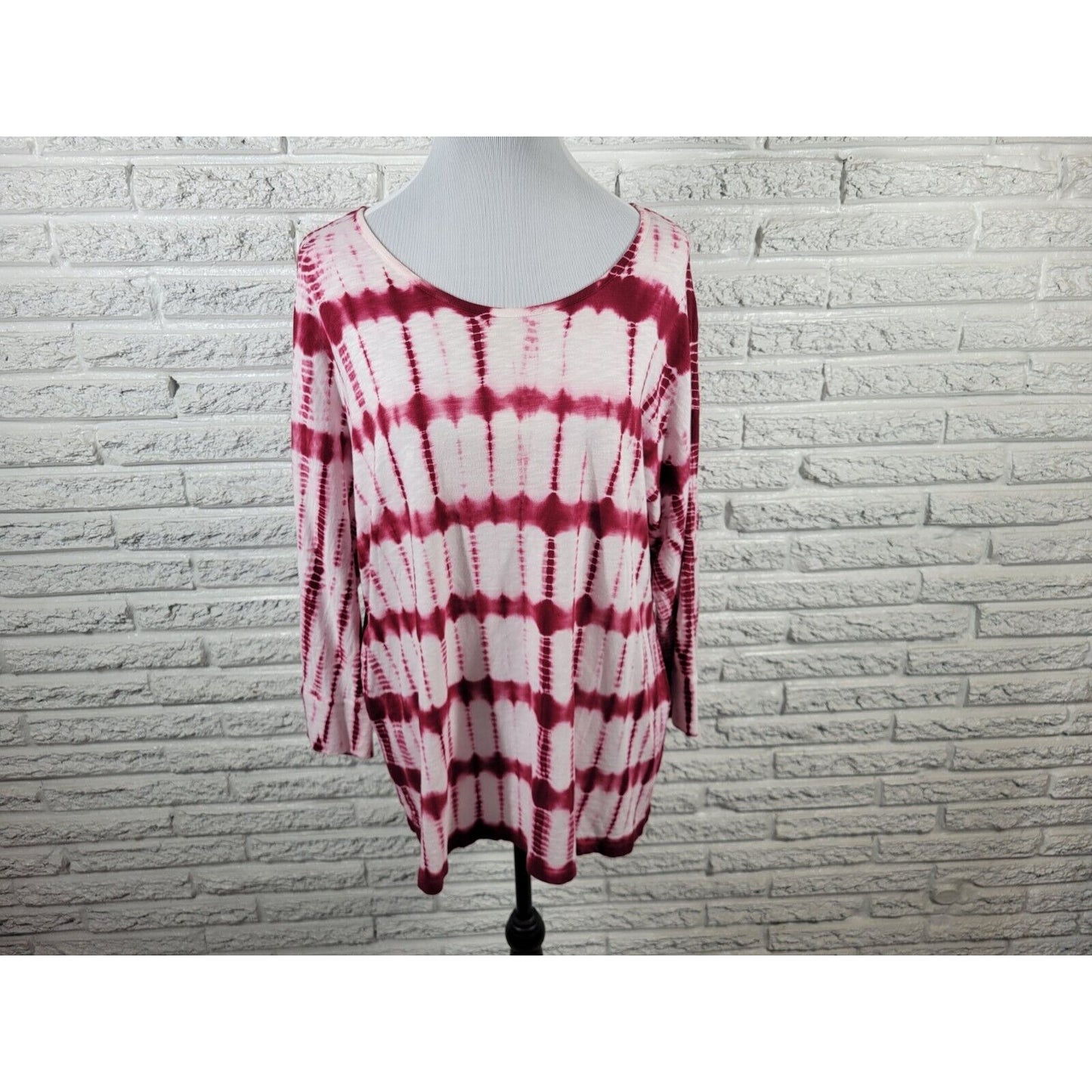 Chicos Womens Top 3 Standard Extra Large XL 3/4 Sleeve Pink Tie Dye Cotton Blend