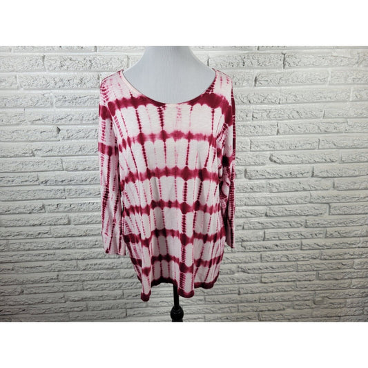 Chicos Womens Top 3 Standard Extra Large XL 3/4 Sleeve Pink Tie Dye Cotton Blend
