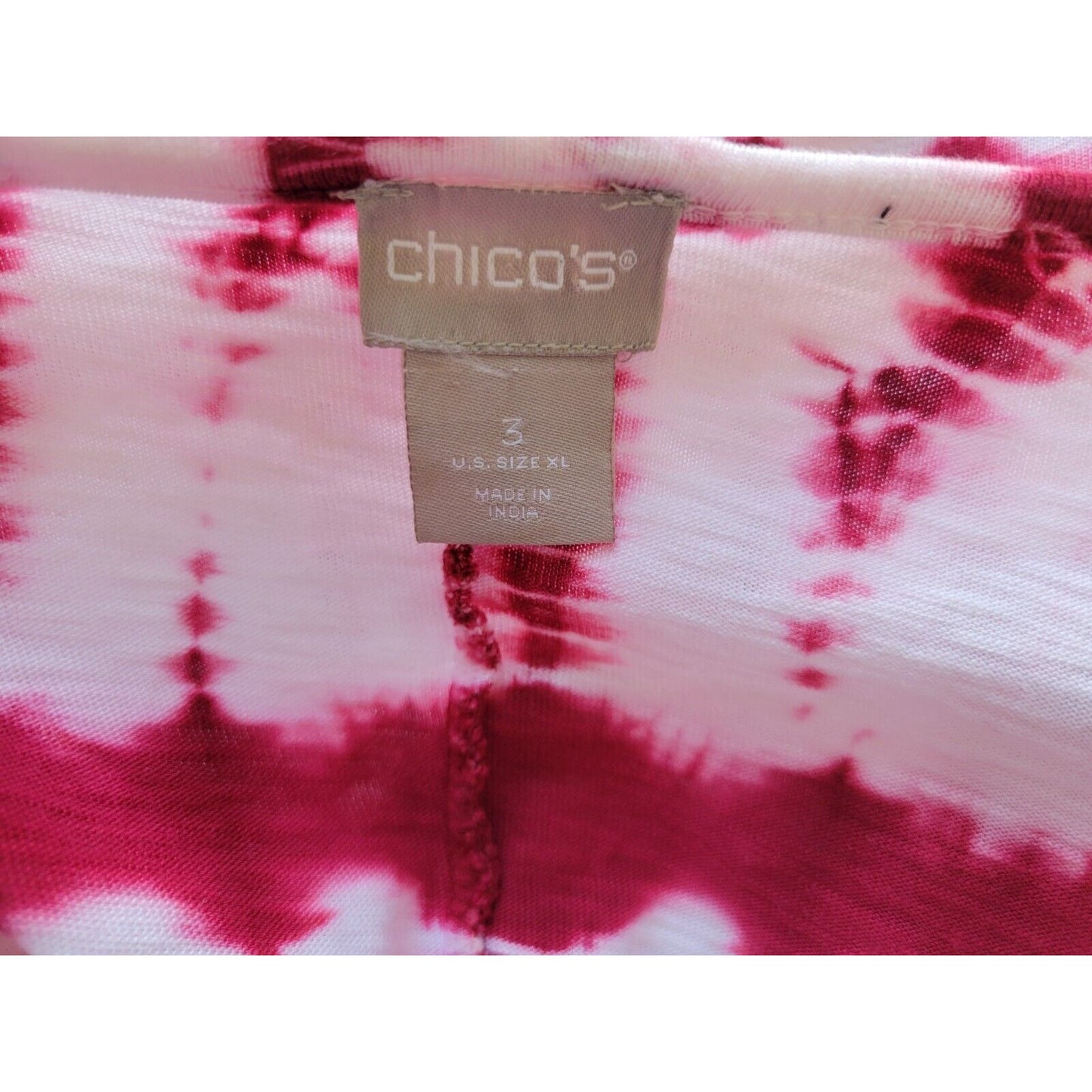 Chicos Womens Top 3 Standard Extra Large XL 3/4 Sleeve Pink Tie Dye Cotton Blend