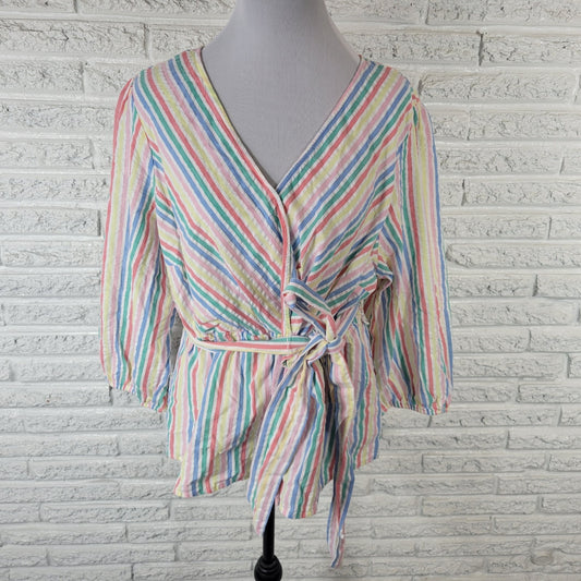 St Johns Bay Womens Top 0X Plus Baby Doll 3/4 Sleeve Pastels Lightweight Sash