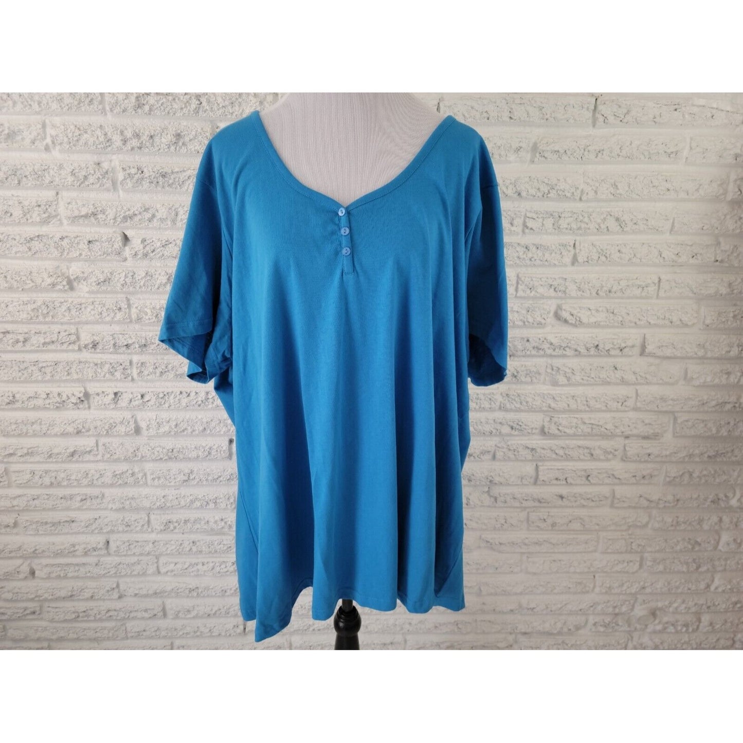 Roamans Women Top 4X Plus Short Sleeve Pullover Blue Cotton Deco Buttons Casual