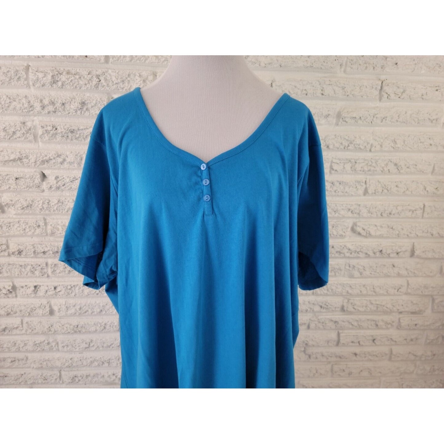 Roamans Women Top 4X Plus Short Sleeve Pullover Blue Cotton Deco Buttons Casual