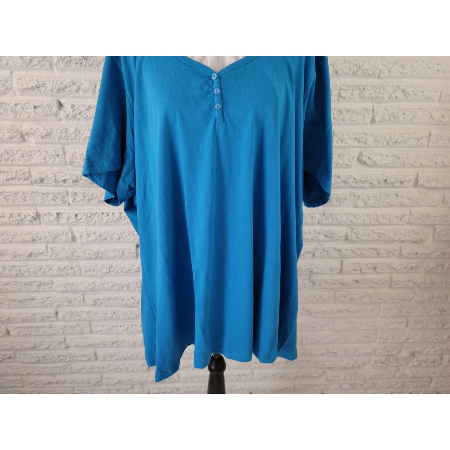 Roamans Women Top 4X Plus Short Sleeve Pullover Blue Cotton Deco Buttons Casual