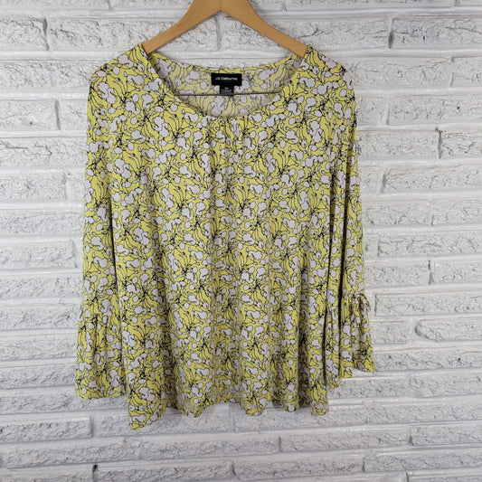 Liz Claiborne Womens Top XXL Plus 3/4 Bell Tied Sleeve Yellow Floral Poly Blend