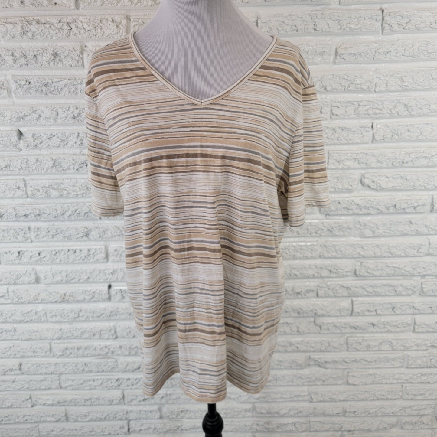 Coral Bay Womens Top 1X Plus Tee Short Sleeve Cotton Blend Beige Tan Stripe