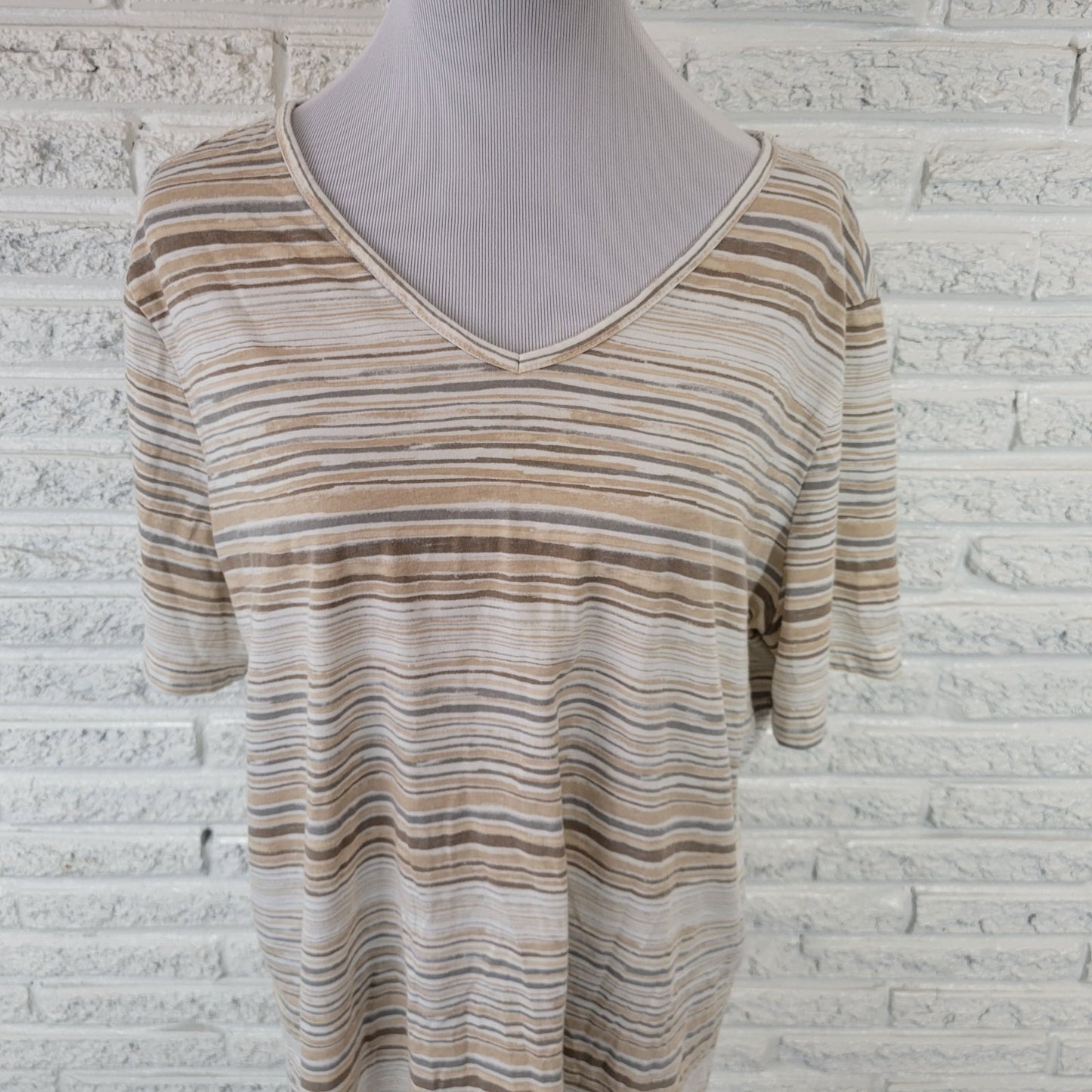 Coral Bay Womens Top 1X Plus Tee Short Sleeve Cotton Blend Beige Tan Stripe