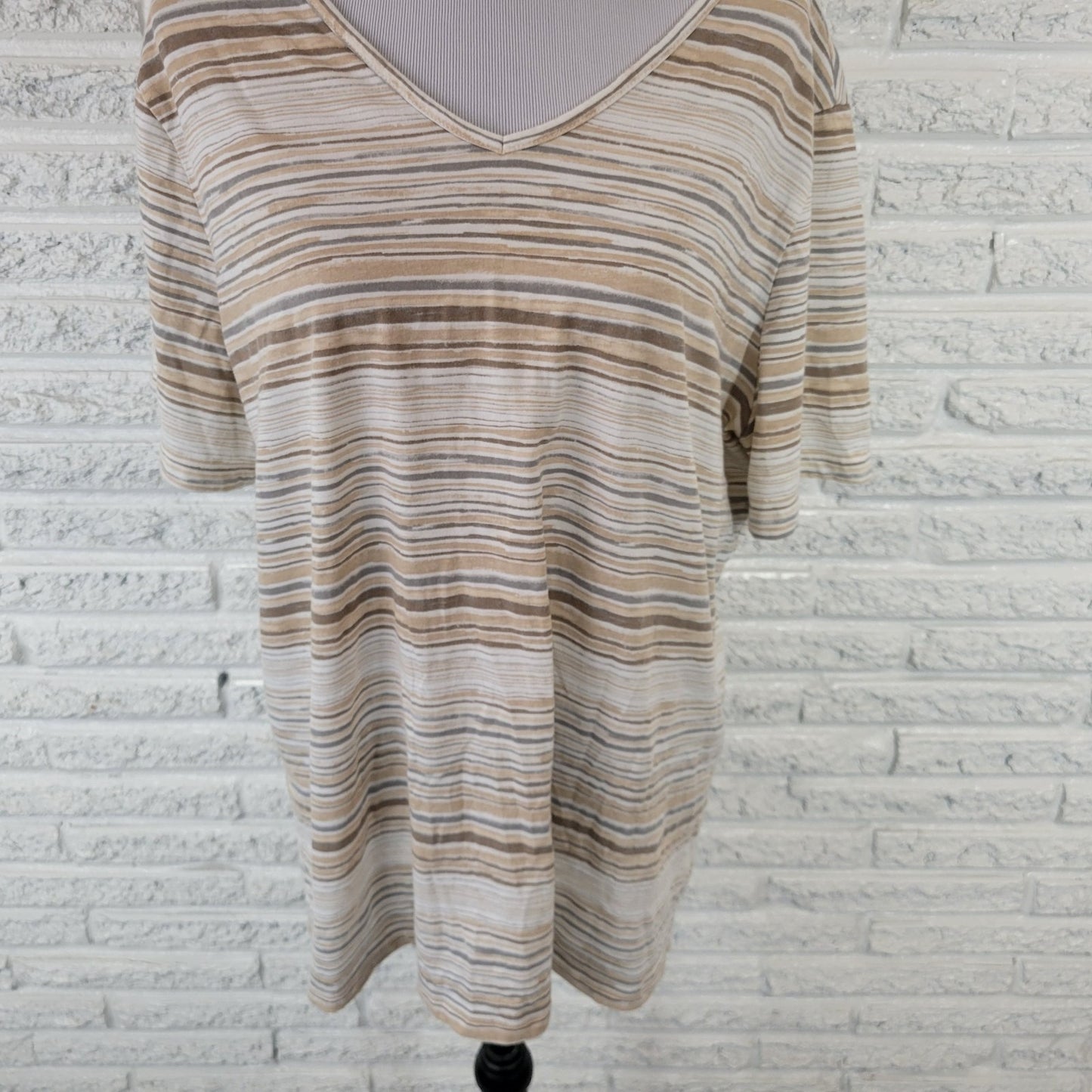 Coral Bay Womens Top 1X Plus Tee Short Sleeve Cotton Blend Beige Tan Stripe