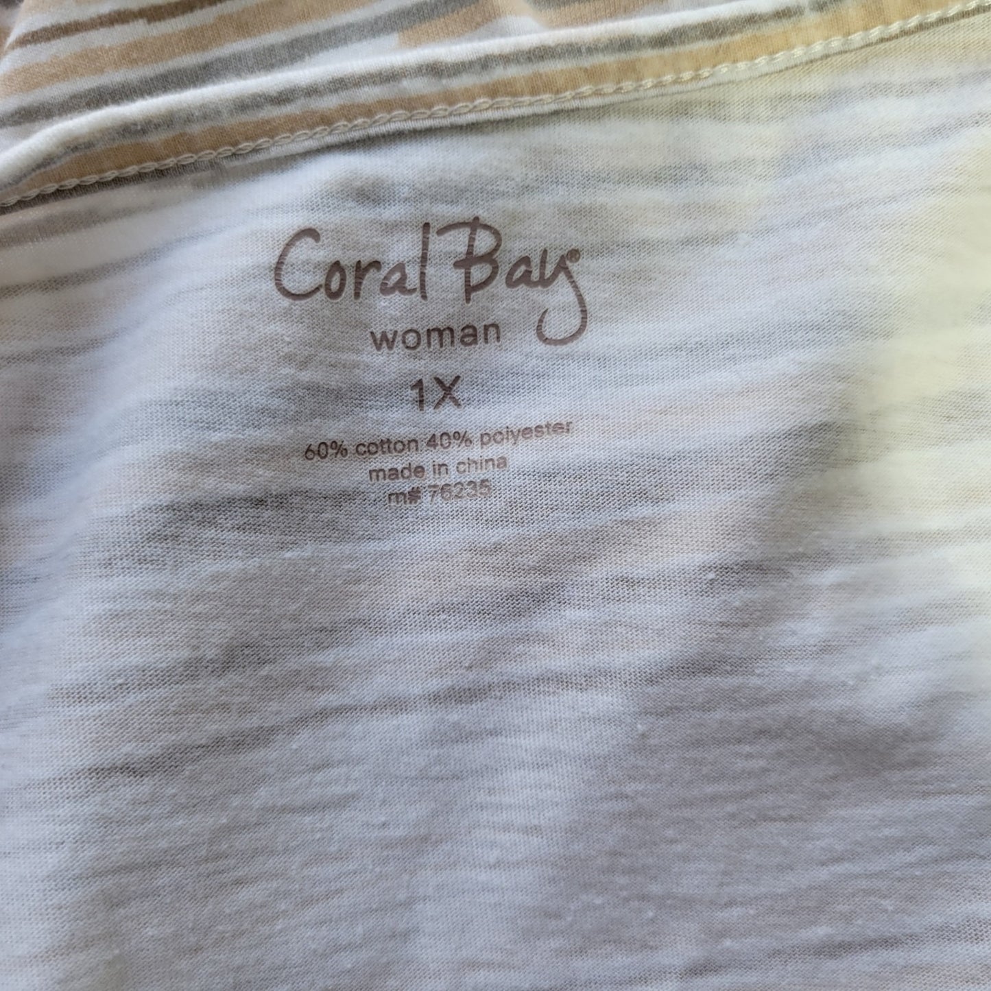Coral Bay Womens Top 1X Plus Tee Short Sleeve Cotton Blend Beige Tan Stripe