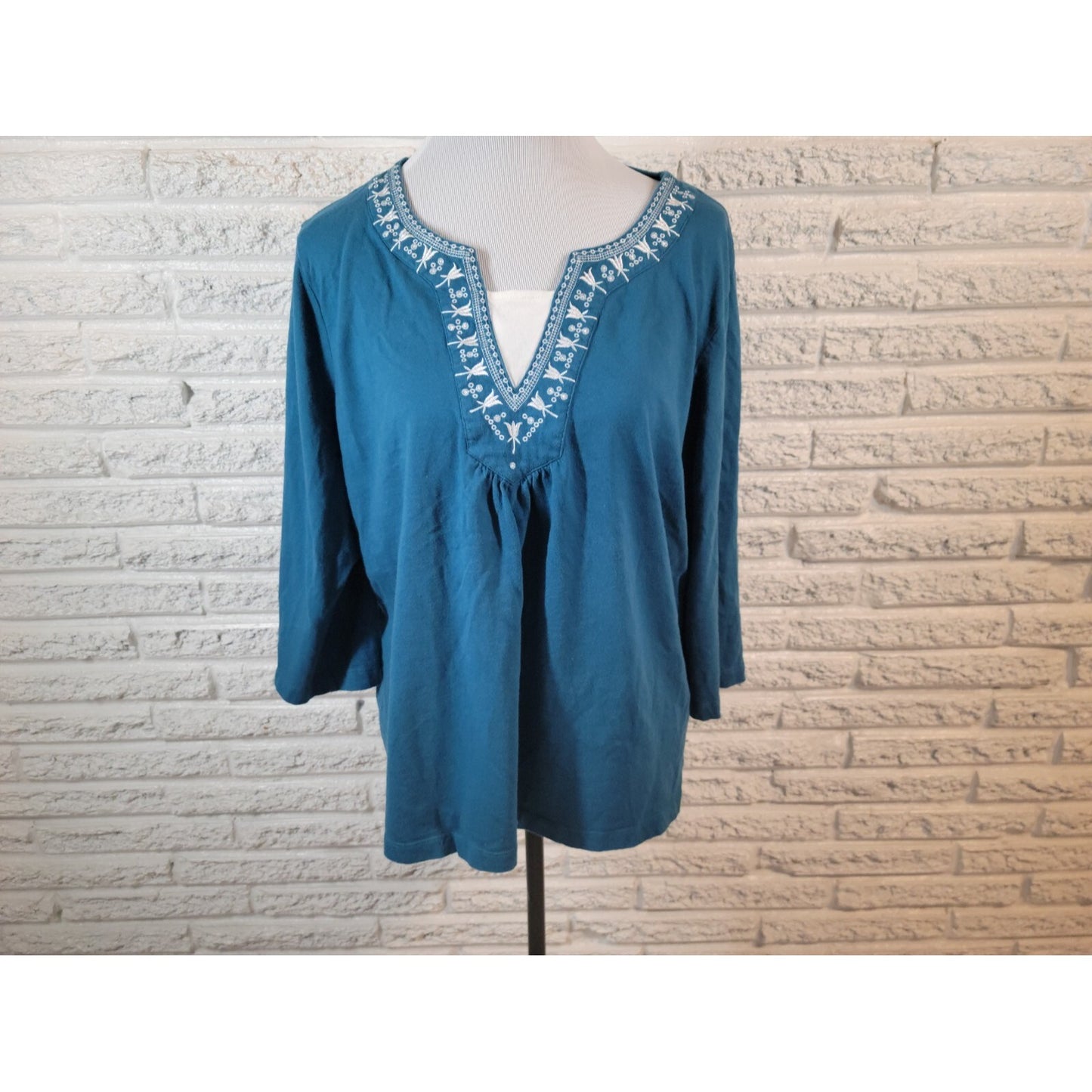 Dress Barn Women Top 22 24 Plus 3/4 Sleeve Pullover Blue Cotton Casual Embroider
