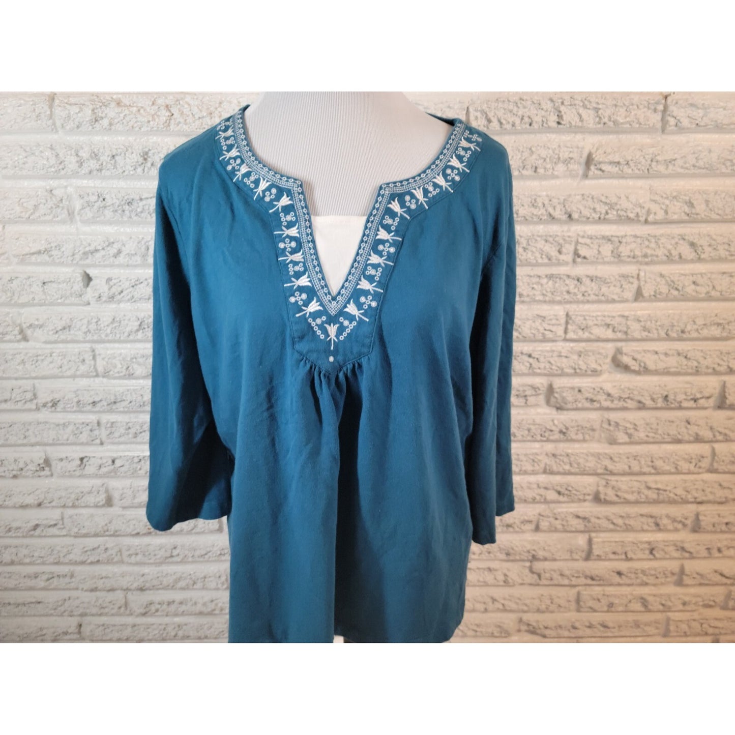 Dress Barn Women Top 22 24 Plus 3/4 Sleeve Pullover Blue Cotton Casual Embroider