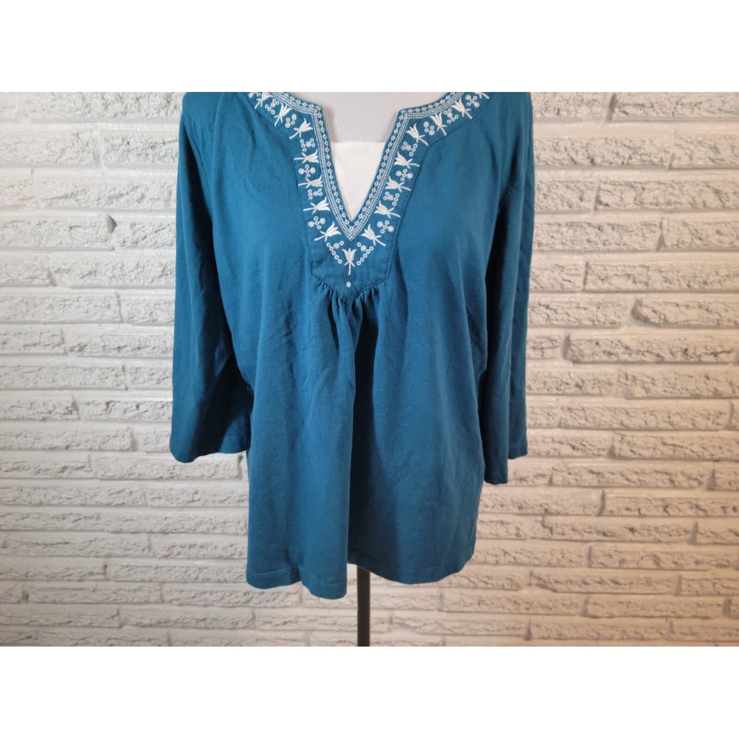 Dress Barn Women Top 22 24 Plus 3/4 Sleeve Pullover Blue Cotton Casual Embroider