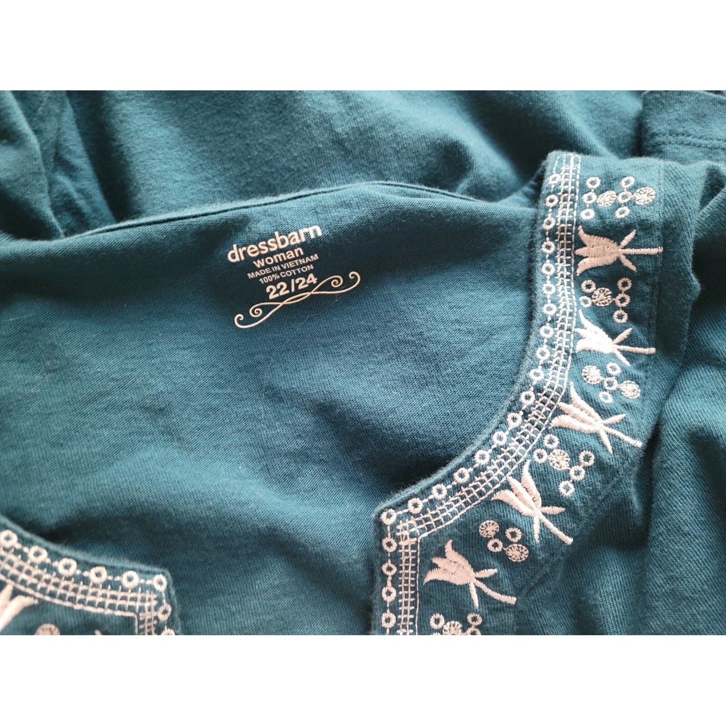 Dress Barn Women Top 22 24 Plus 3/4 Sleeve Pullover Blue Cotton Casual Embroider