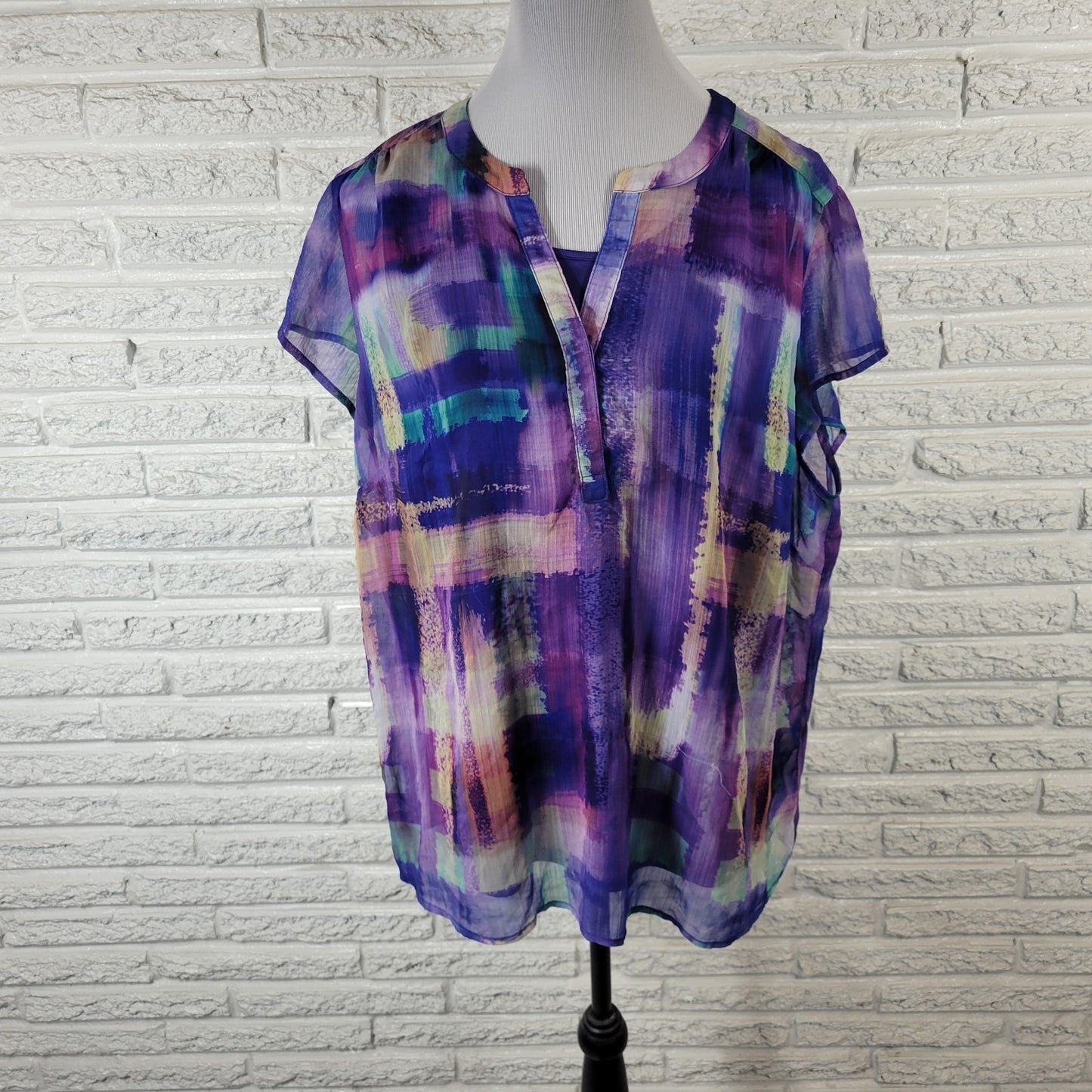 CJ Banks Womens Top 1X Plus Cap Sleeve Blue Purple Watercolor Lined Lightweight