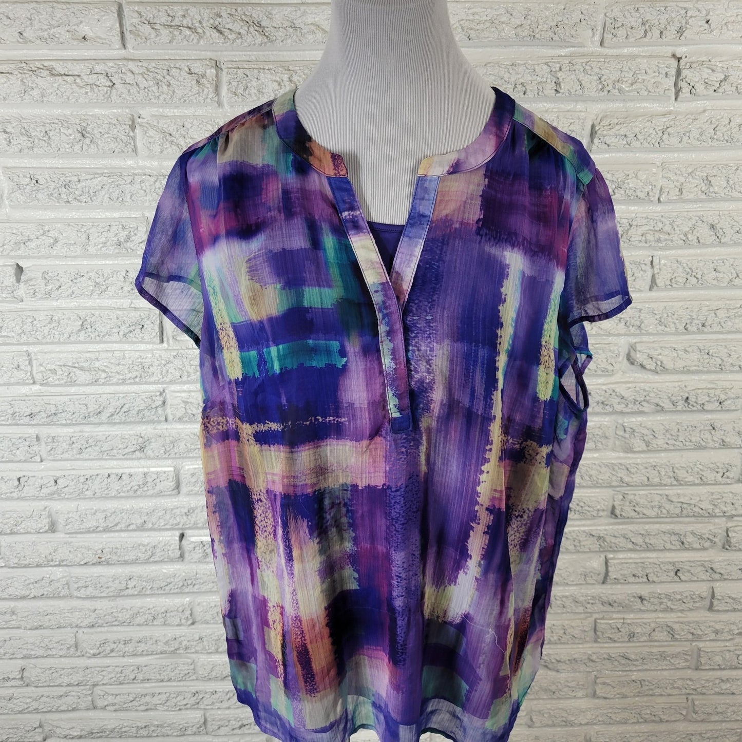 CJ Banks Womens Top 1X Plus Cap Sleeve Blue Purple Watercolor Lined Lightweight
