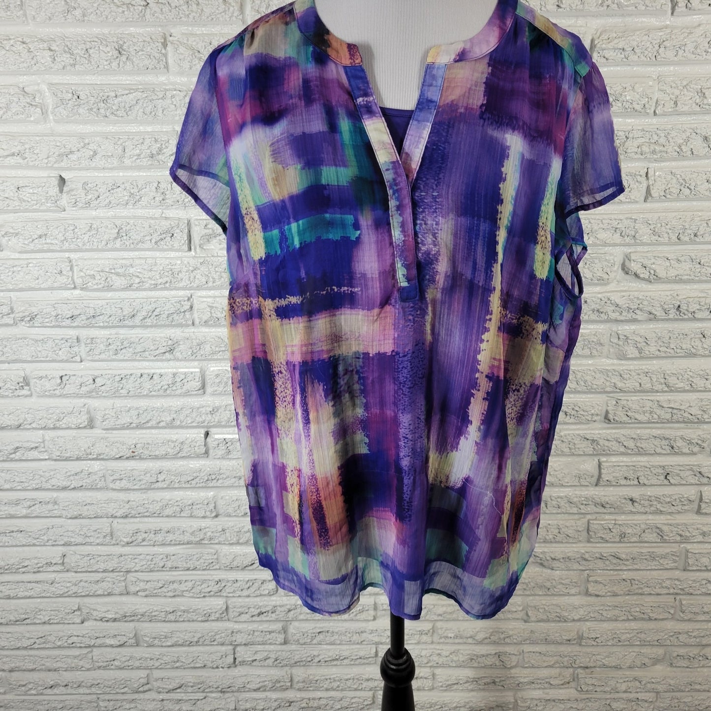 CJ Banks Womens Top 1X Plus Cap Sleeve Blue Purple Watercolor Lined Lightweight