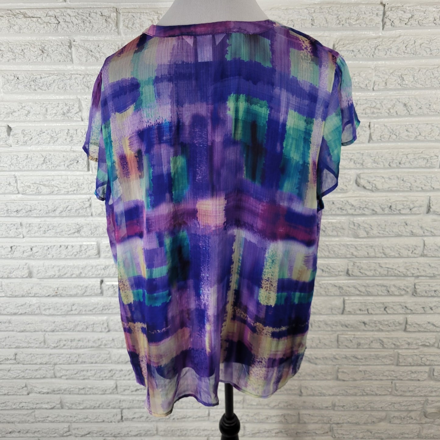 CJ Banks Womens Top 1X Plus Cap Sleeve Blue Purple Watercolor Lined Lightweight