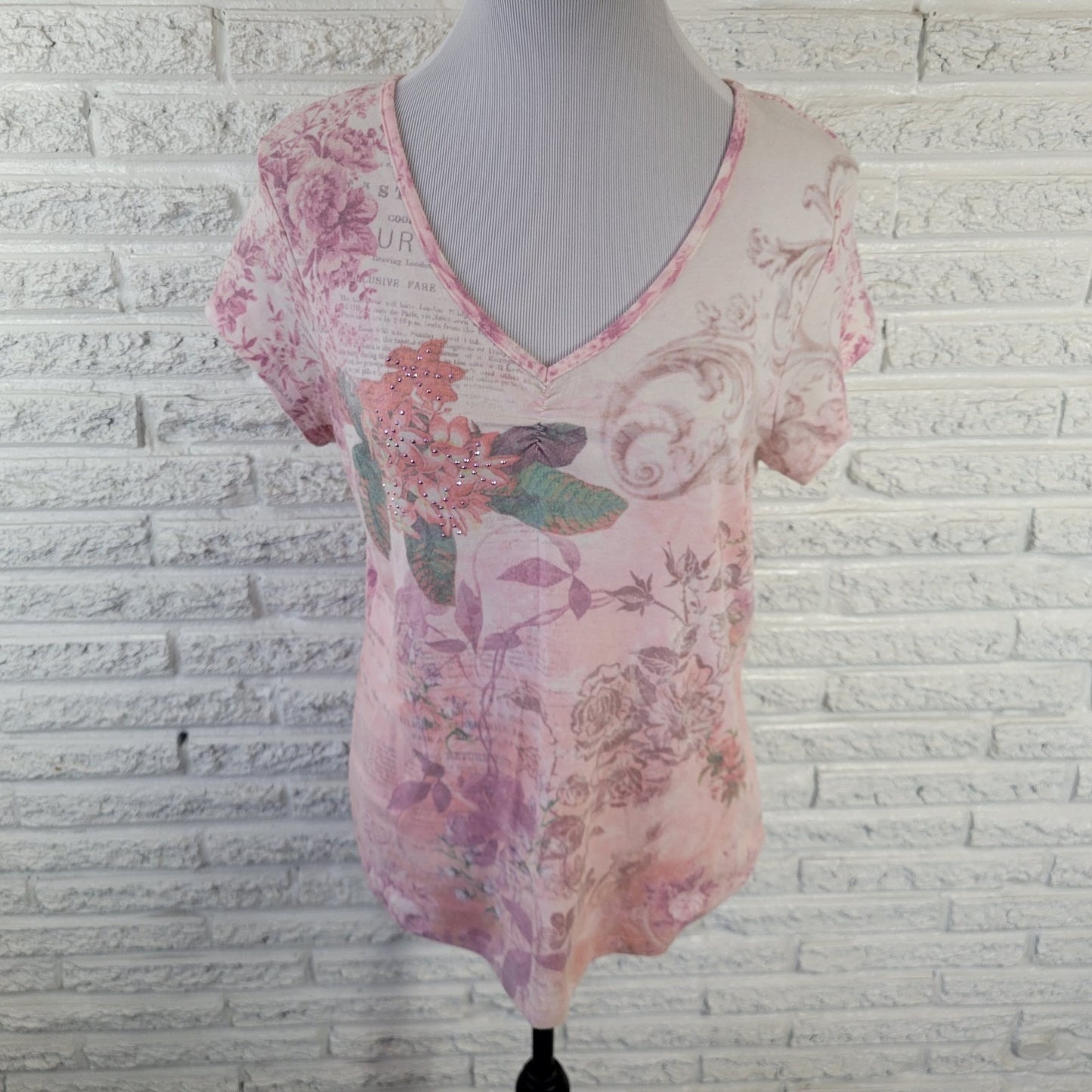 Apt. 9 Womens XL Pink Floral Studded T-Shirt Jersey Stretch Short Sleeve Tee