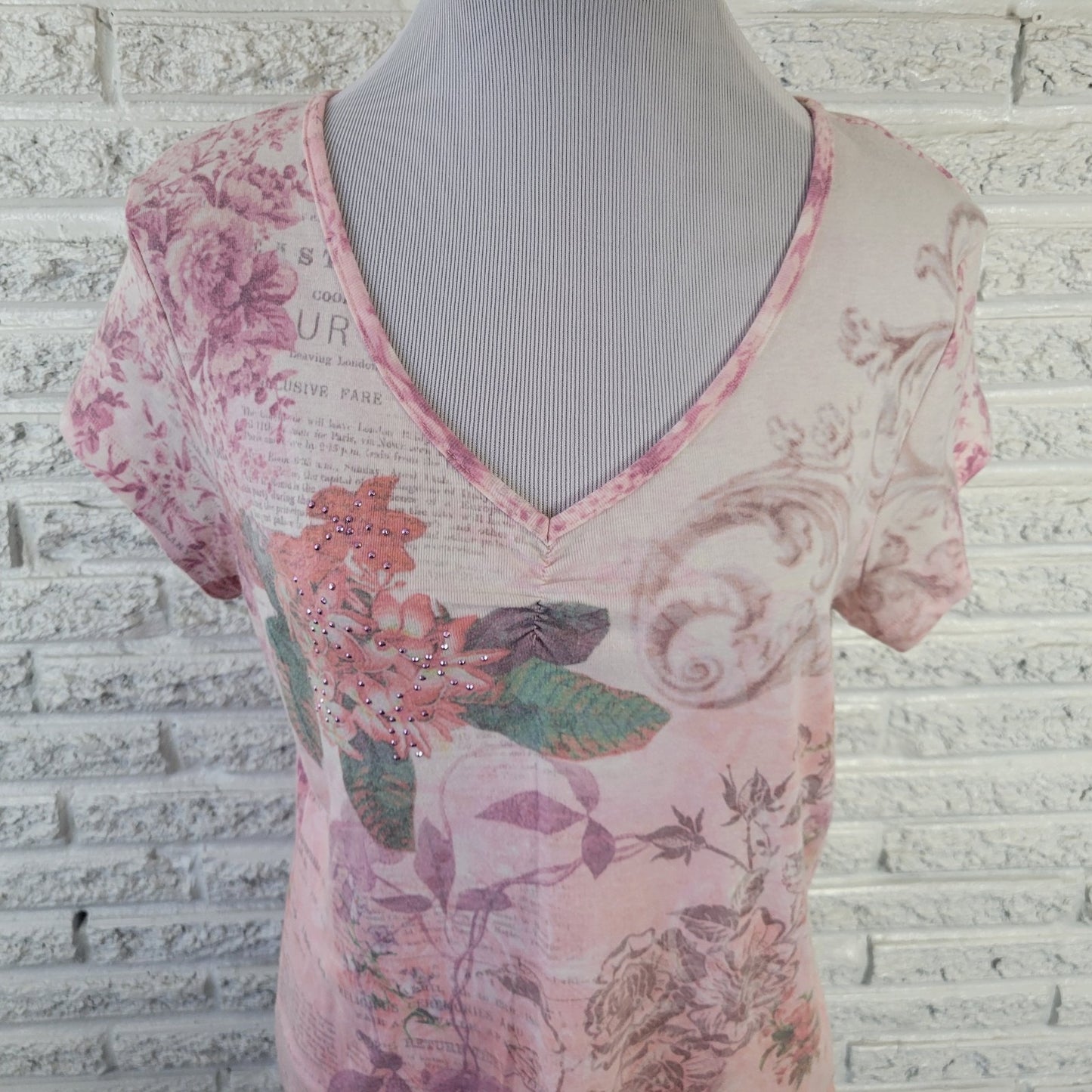 Apt. 9 Womens XL Pink Floral Studded T-Shirt Jersey Stretch Short Sleeve Tee