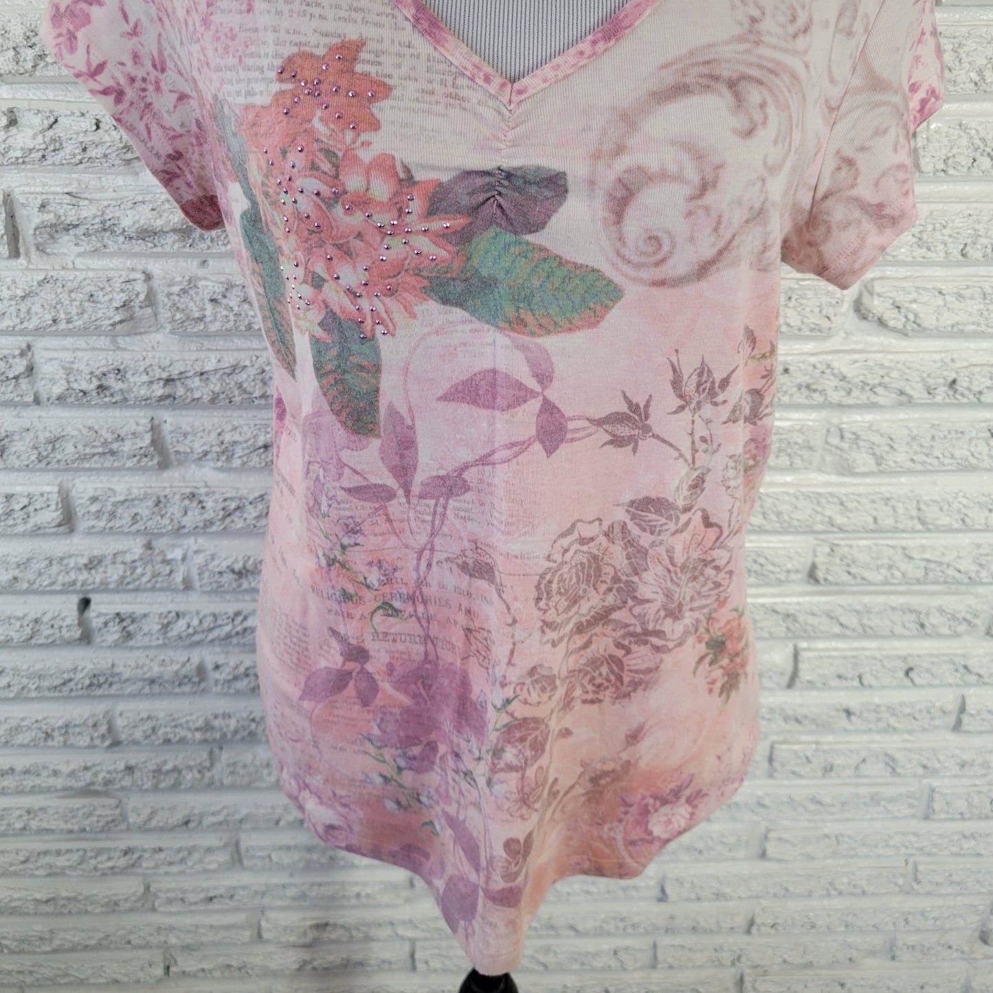 Apt. 9 Womens XL Pink Floral Studded T-Shirt Jersey Stretch Short Sleeve Tee