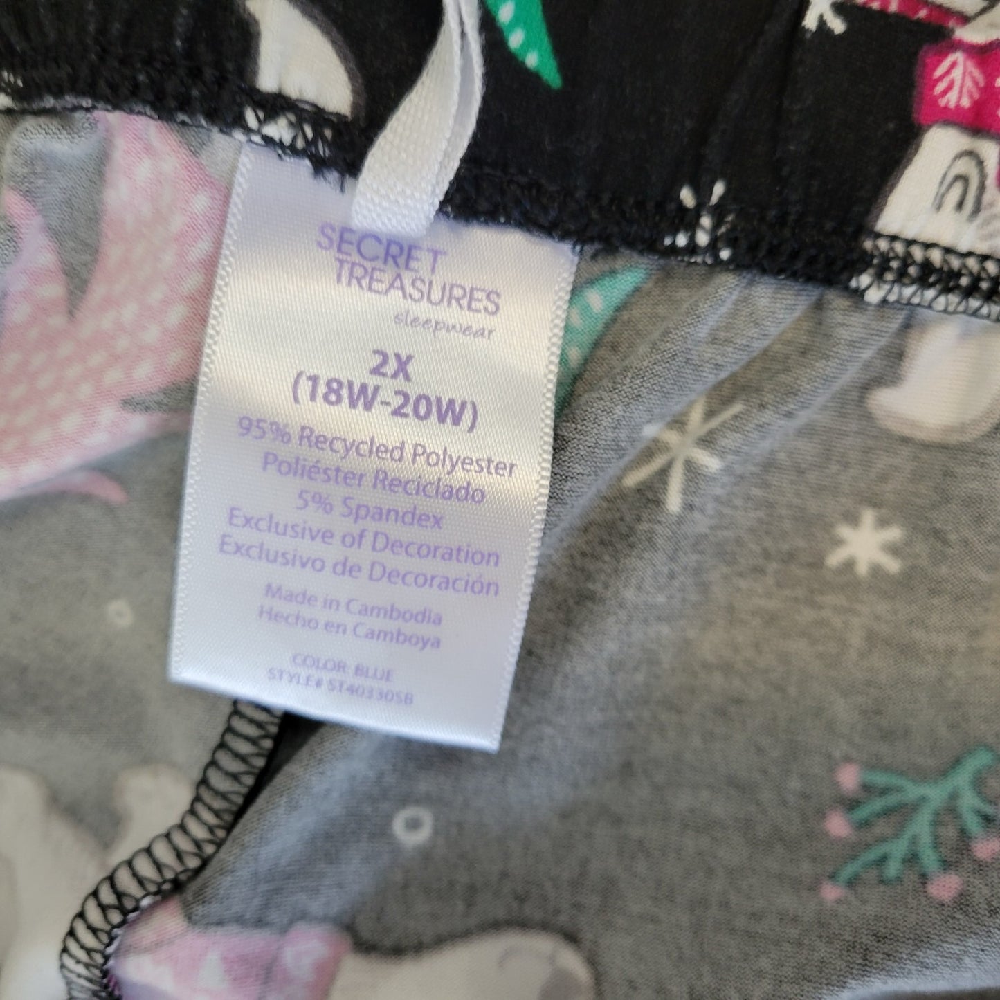 Christmas Secret Treasures Womens Pajama Pants 2X Polar Bears Lightweight Black