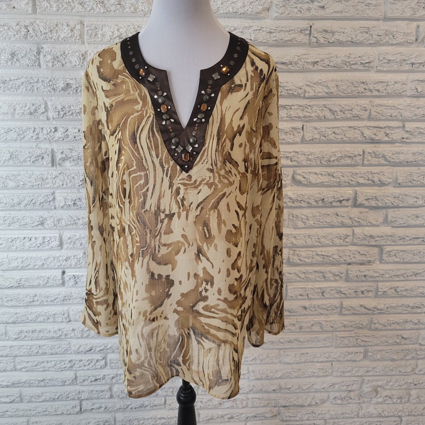 Susan Graver QVC Womens Top Brown Tan Animal Print Beaded Sheer Rhinestones