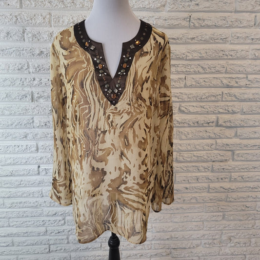 Susan Graver QVC Womens Top Brown Tan Animal Print Beaded Sheer Rhinestones