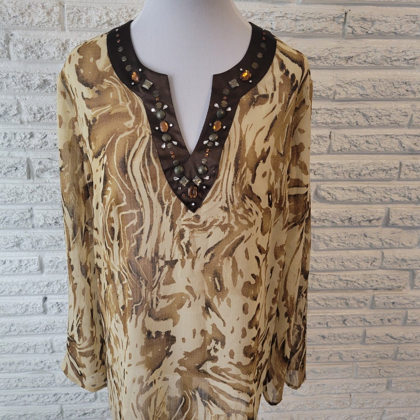Susan Graver QVC Womens Top Brown Tan Animal Print Beaded Sheer Rhinestones