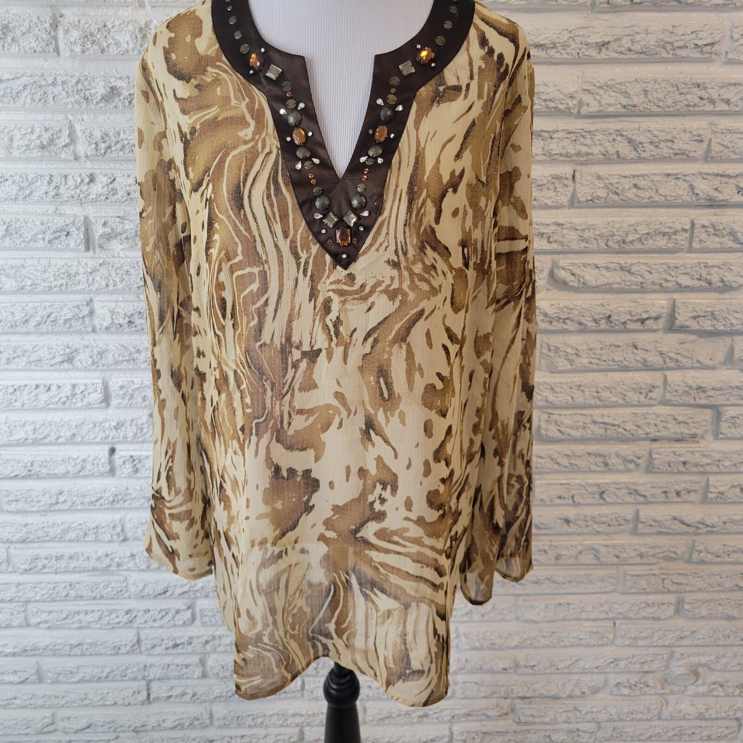 Susan Graver QVC Womens Top Brown Tan Animal Print Beaded Sheer Rhinestones