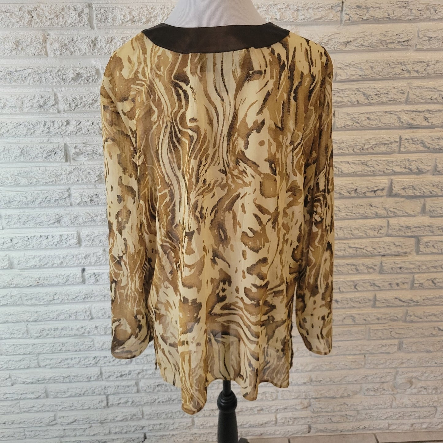 Susan Graver QVC Womens Top Brown Tan Animal Print Beaded Sheer Rhinestones