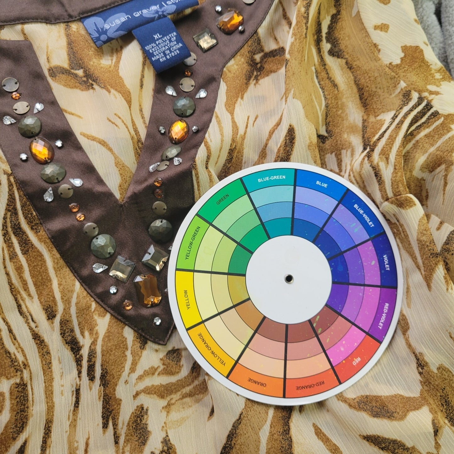 Susan Graver QVC Womens Top Brown Tan Animal Print Beaded Sheer Rhinestones