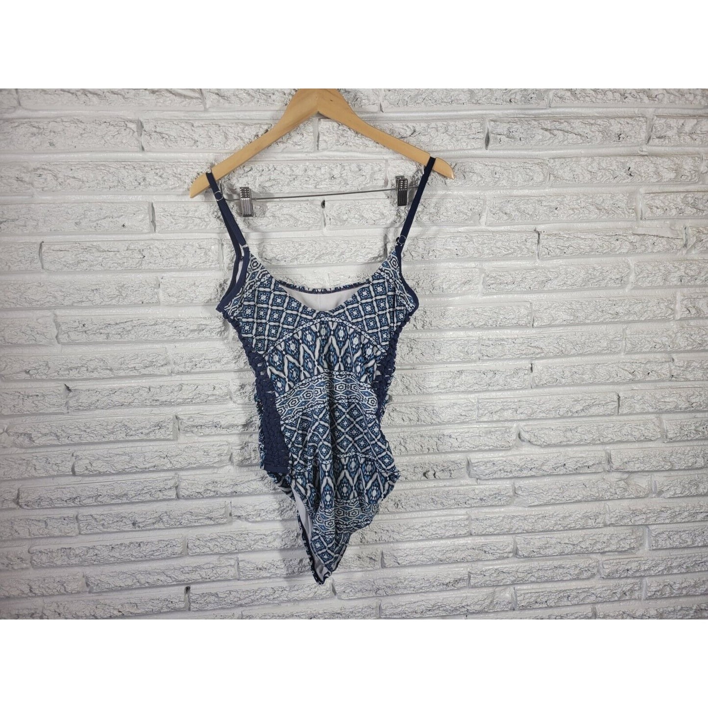 Time Tru Women Swimsuit Extra Large One Piece Blue Geometric Knotted Sides