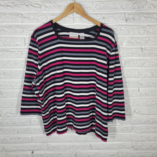 Alfred Dunner Womens Top 3X Plus 3/4 Sleeve Pink Black Stripe Cotton Blend Soft