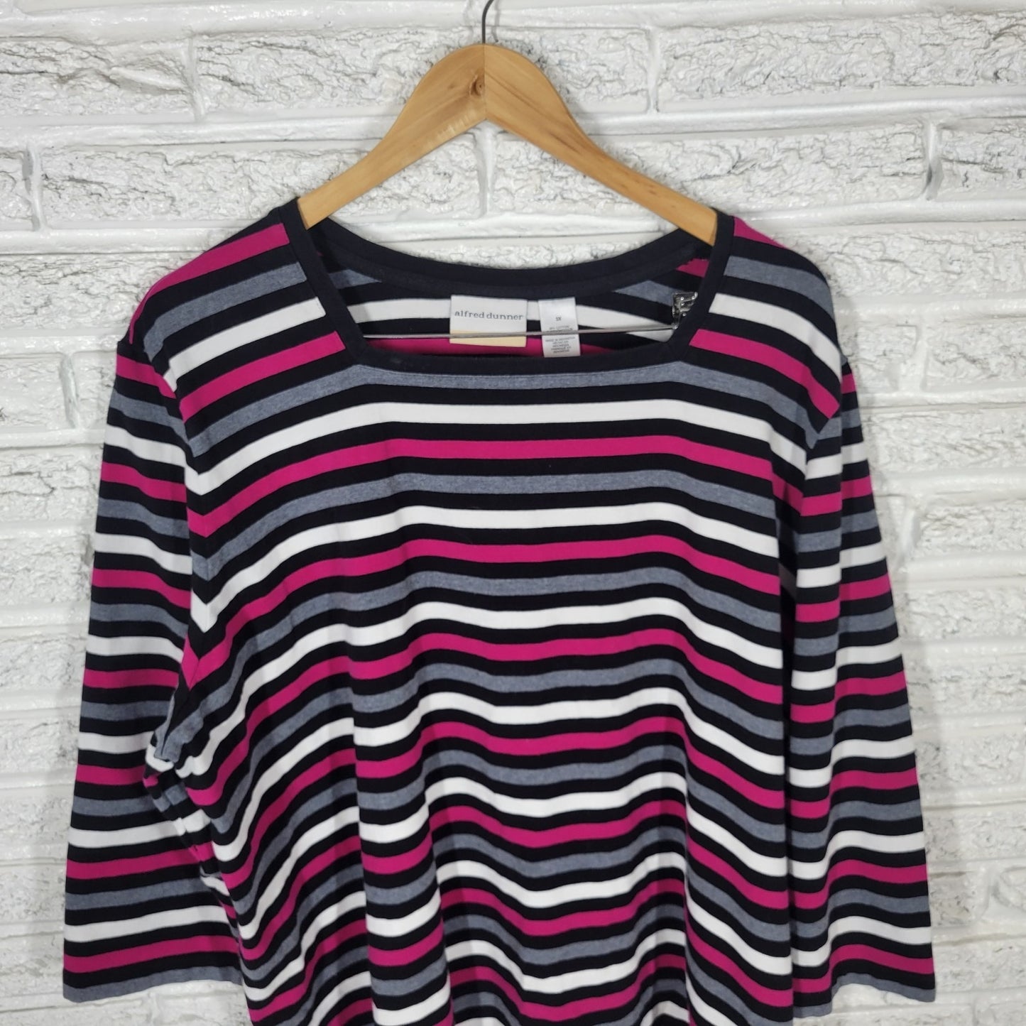 Alfred Dunner Womens Top 3X Plus 3/4 Sleeve Pink Black Stripe Cotton Blend Soft