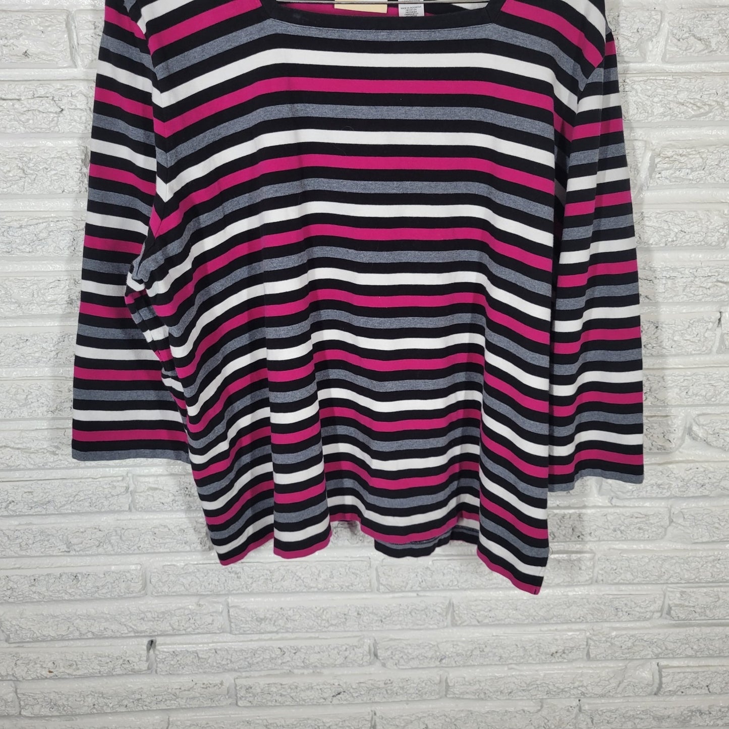 Alfred Dunner Womens Top 3X Plus 3/4 Sleeve Pink Black Stripe Cotton Blend Soft
