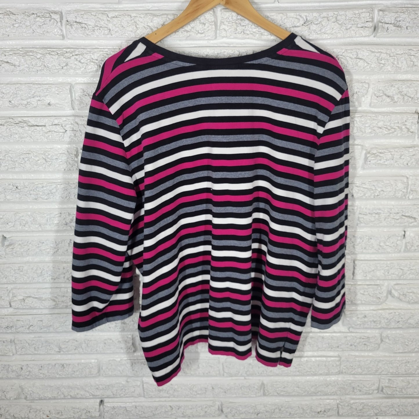 Alfred Dunner Womens Top 3X Plus 3/4 Sleeve Pink Black Stripe Cotton Blend Soft