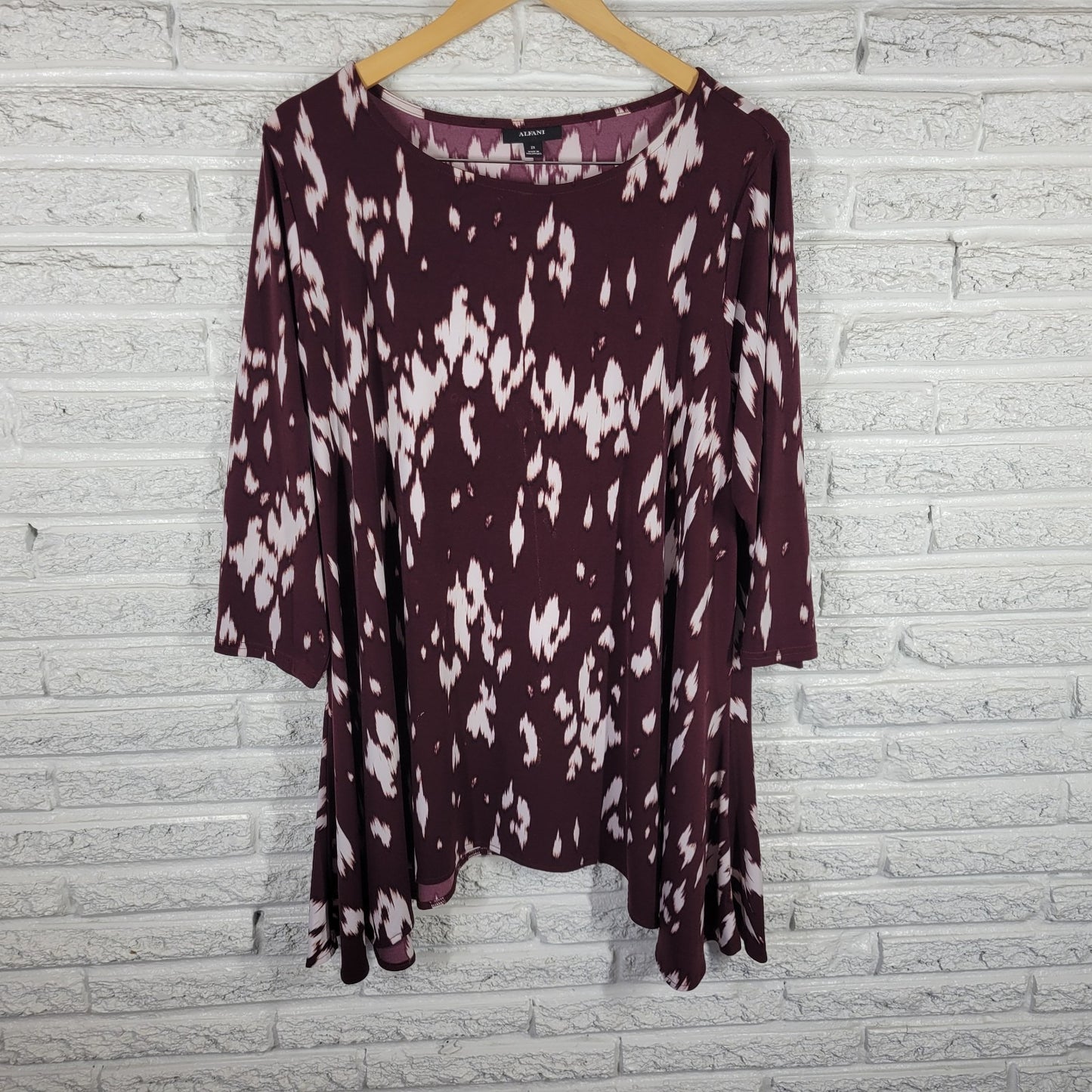 Alfani Women's 2X Plus Tunic Brown White Watercolor Round Neck 3/4 Sleeve WAT13E