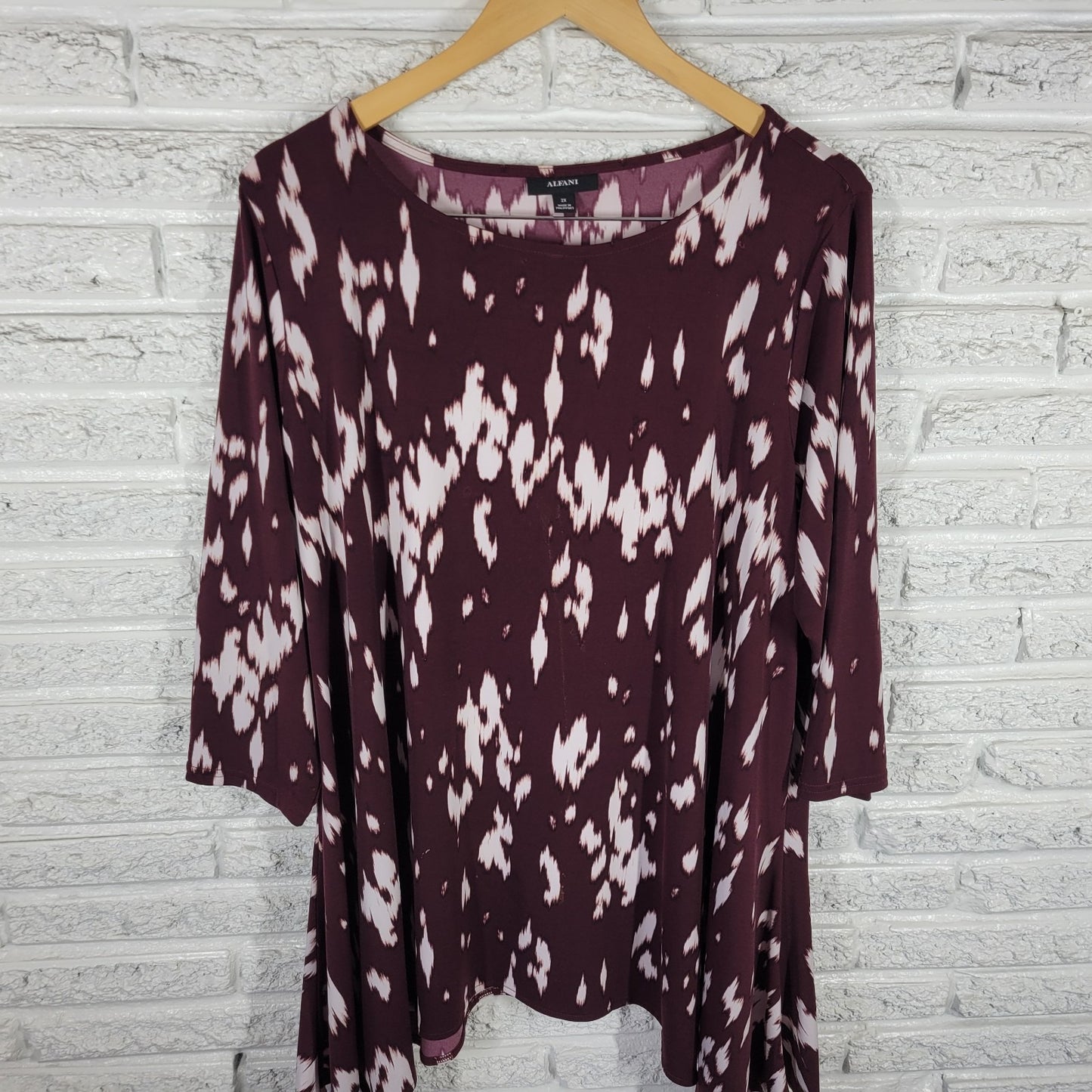 Alfani Women's 2X Plus Tunic Brown White Watercolor Round Neck 3/4 Sleeve WAT13E