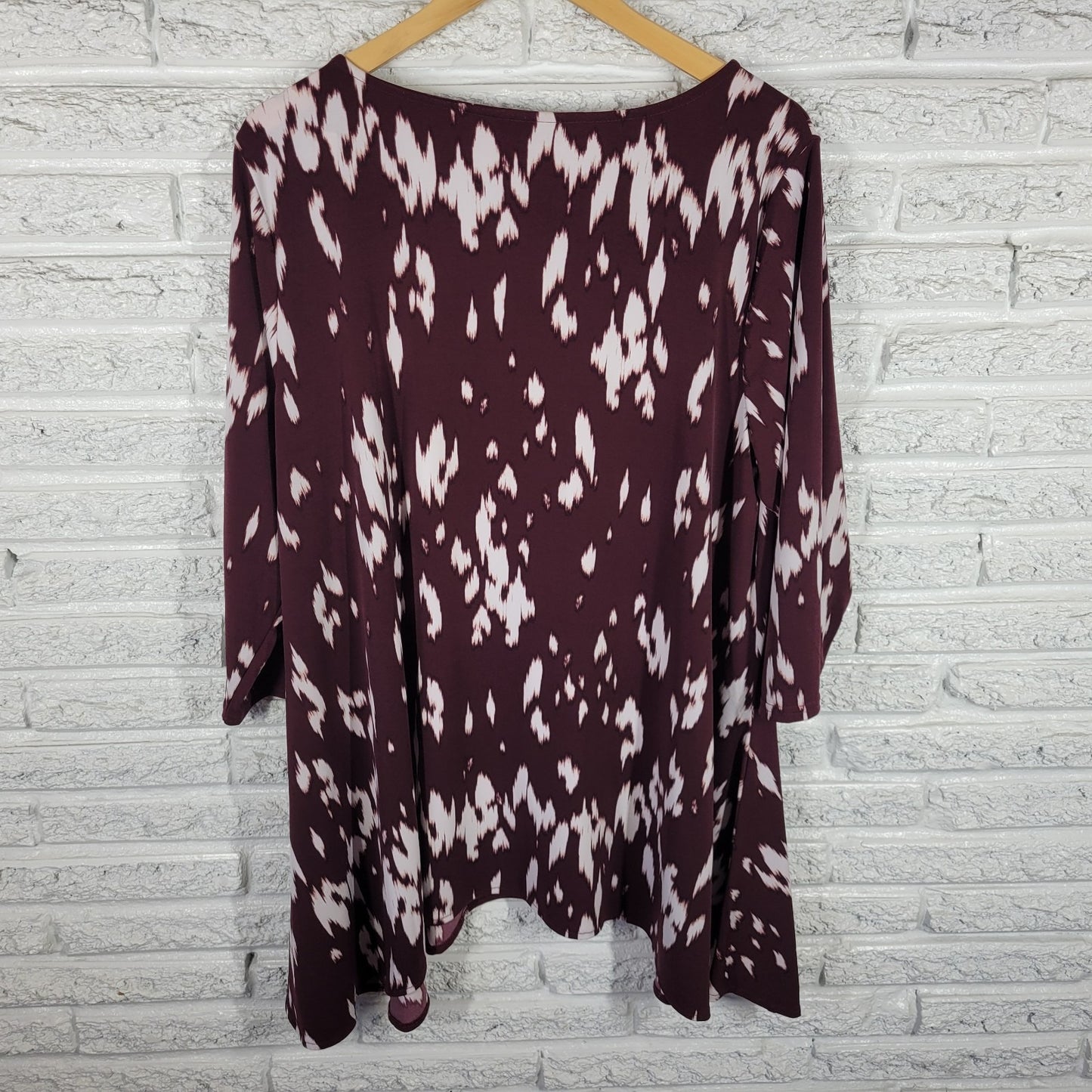 Alfani Women's 2X Plus Tunic Brown White Watercolor Round Neck 3/4 Sleeve WAT13E