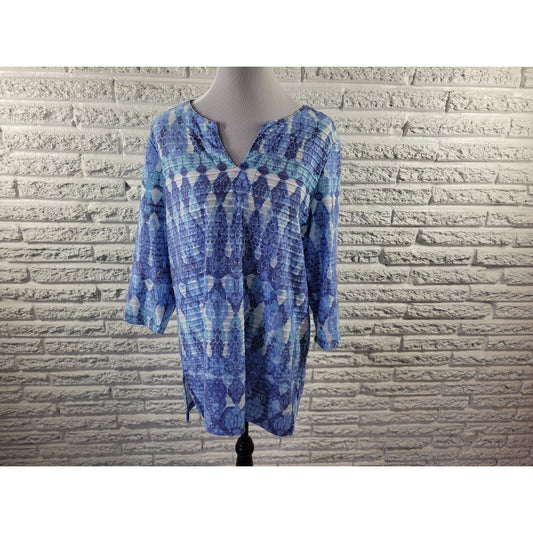 Coral Bay Womens Top Extra Large XL Tunic 3/4 Sleeve Blue Lightweight Pintuck