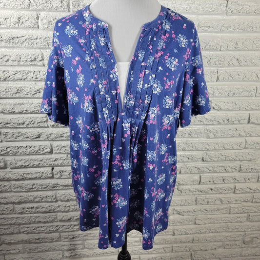 Woman Within Womens Top 18 20 Plus Short Sleeve Blue Pink Floral Pintuck Comfy