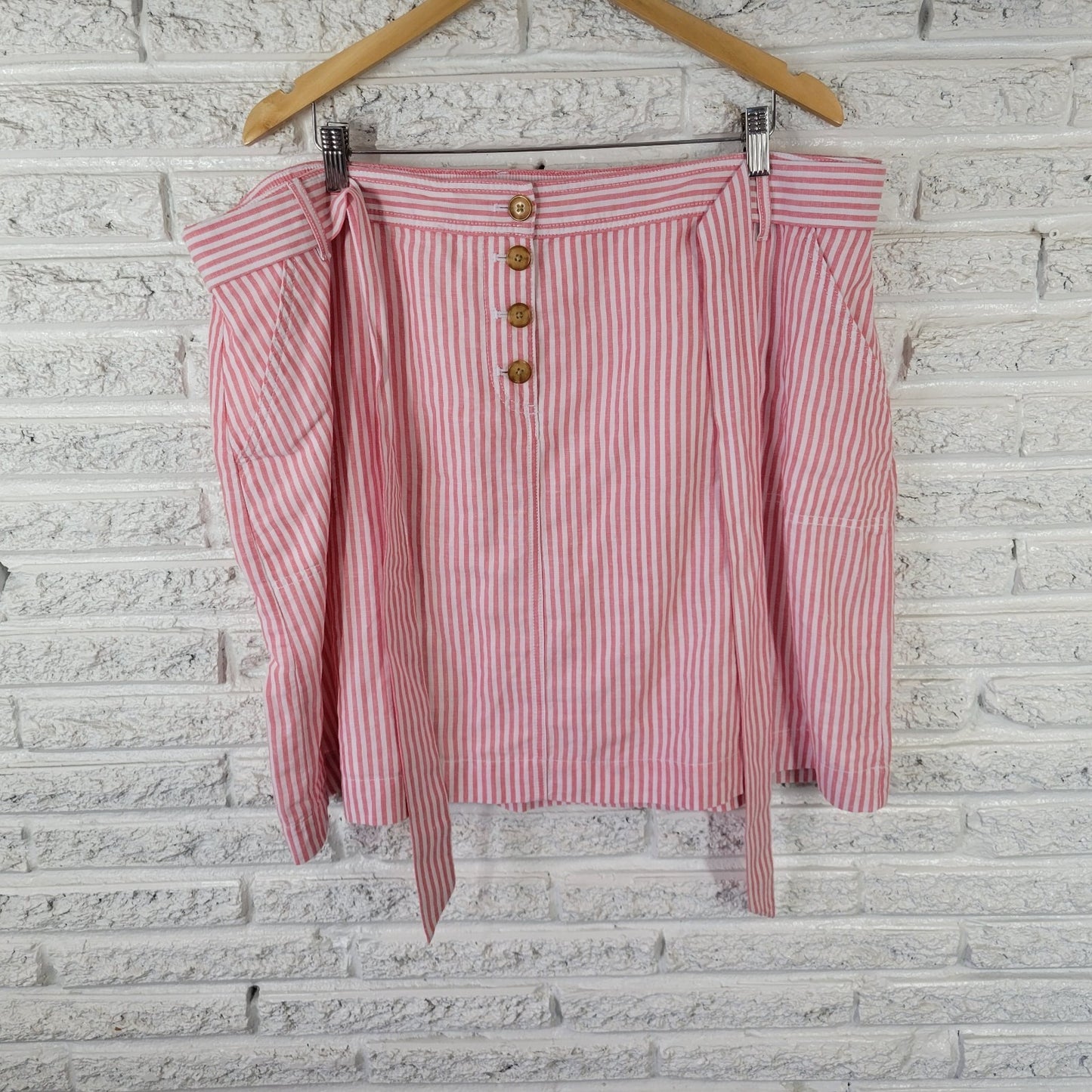 Talbots 22WP Petite Plus Pink Striped Skirt Linen Cotton A-Line Belted Pockets