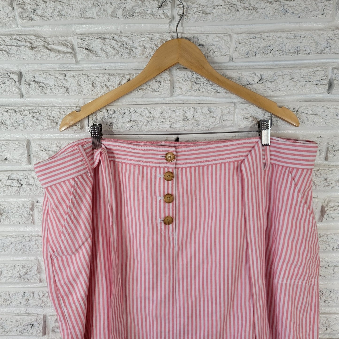 Talbots 22WP Petite Plus Pink Striped Skirt Linen Cotton A-Line Belted Pockets