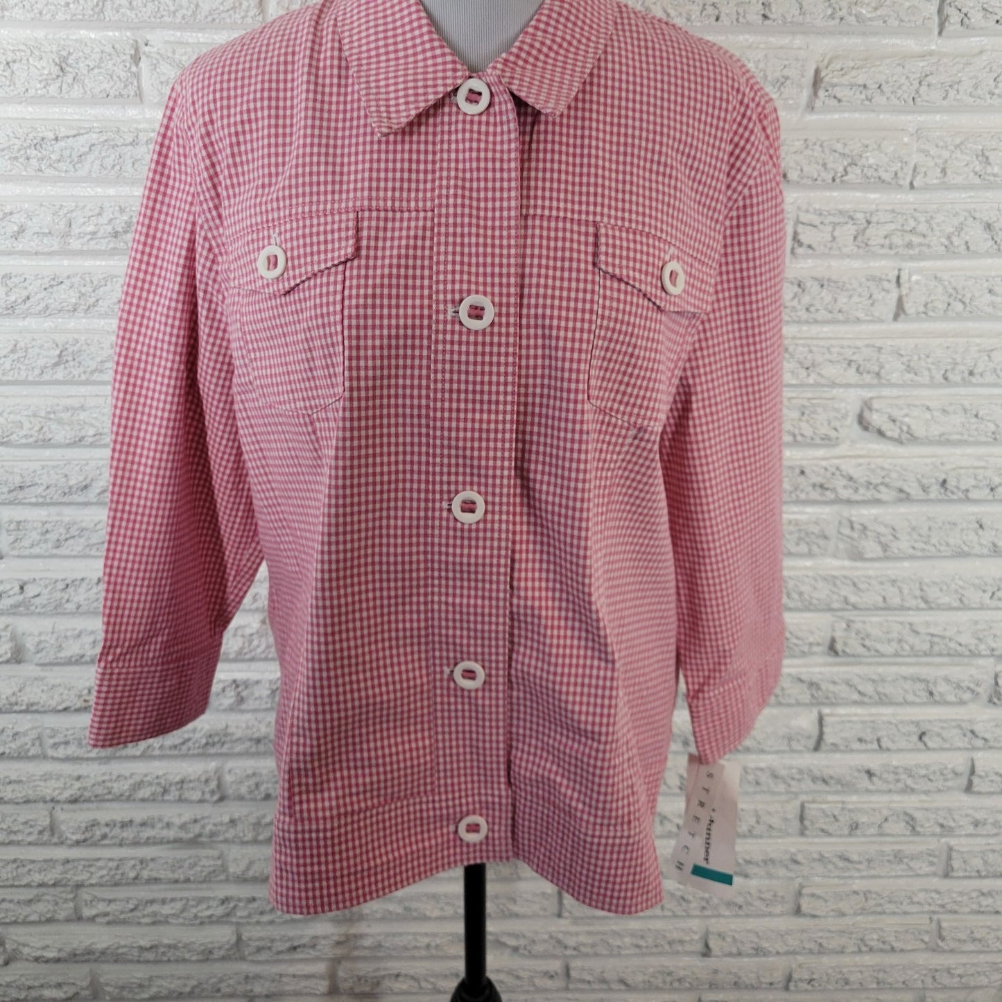 Alfred Dunner Women Jacket 16 Blazer Carnation Pink Gingham Check Pockets Casual