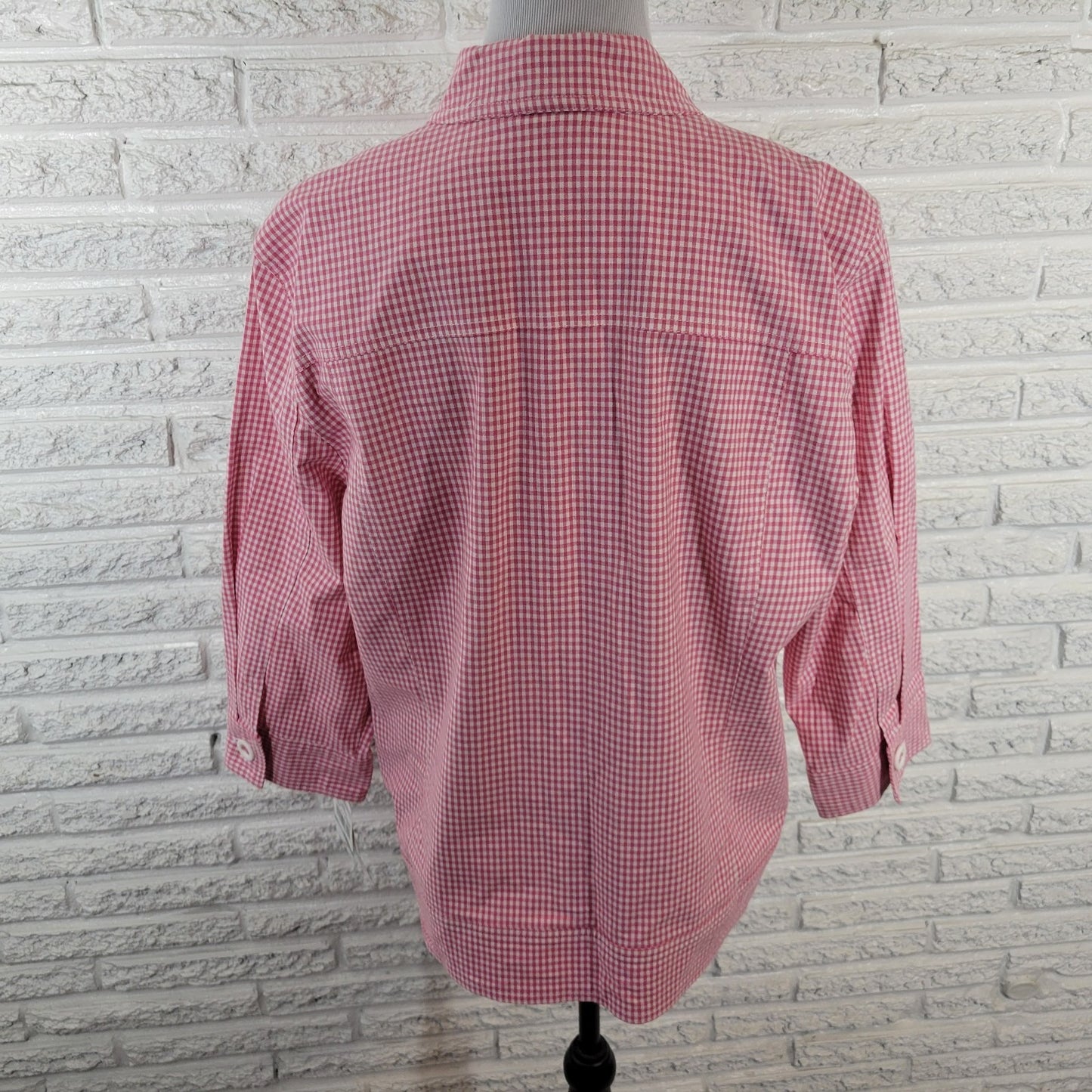 Alfred Dunner Women Jacket 16 Blazer Carnation Pink Gingham Check Pockets Casual