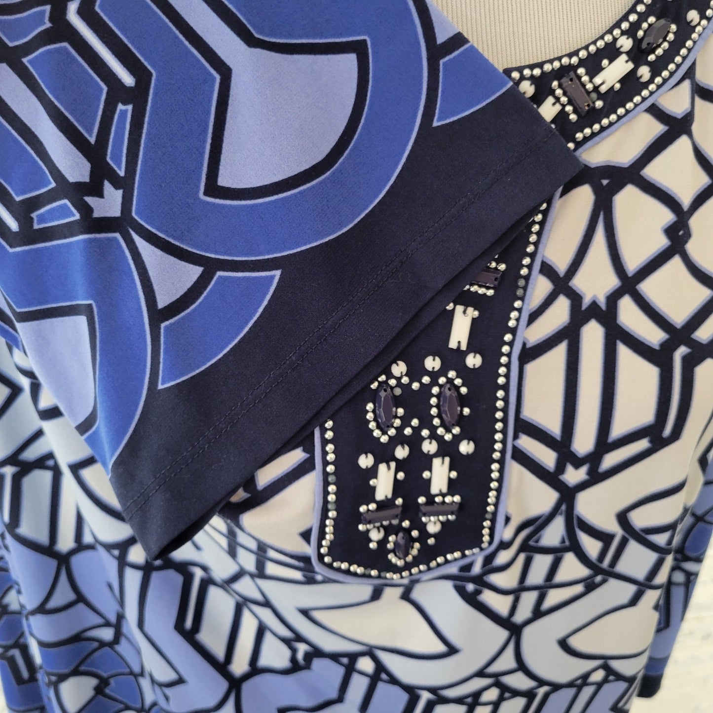 JM Collection Womens Top Extra Large 3/4 Sleeve Blue Geometric Beaded Poly Blend