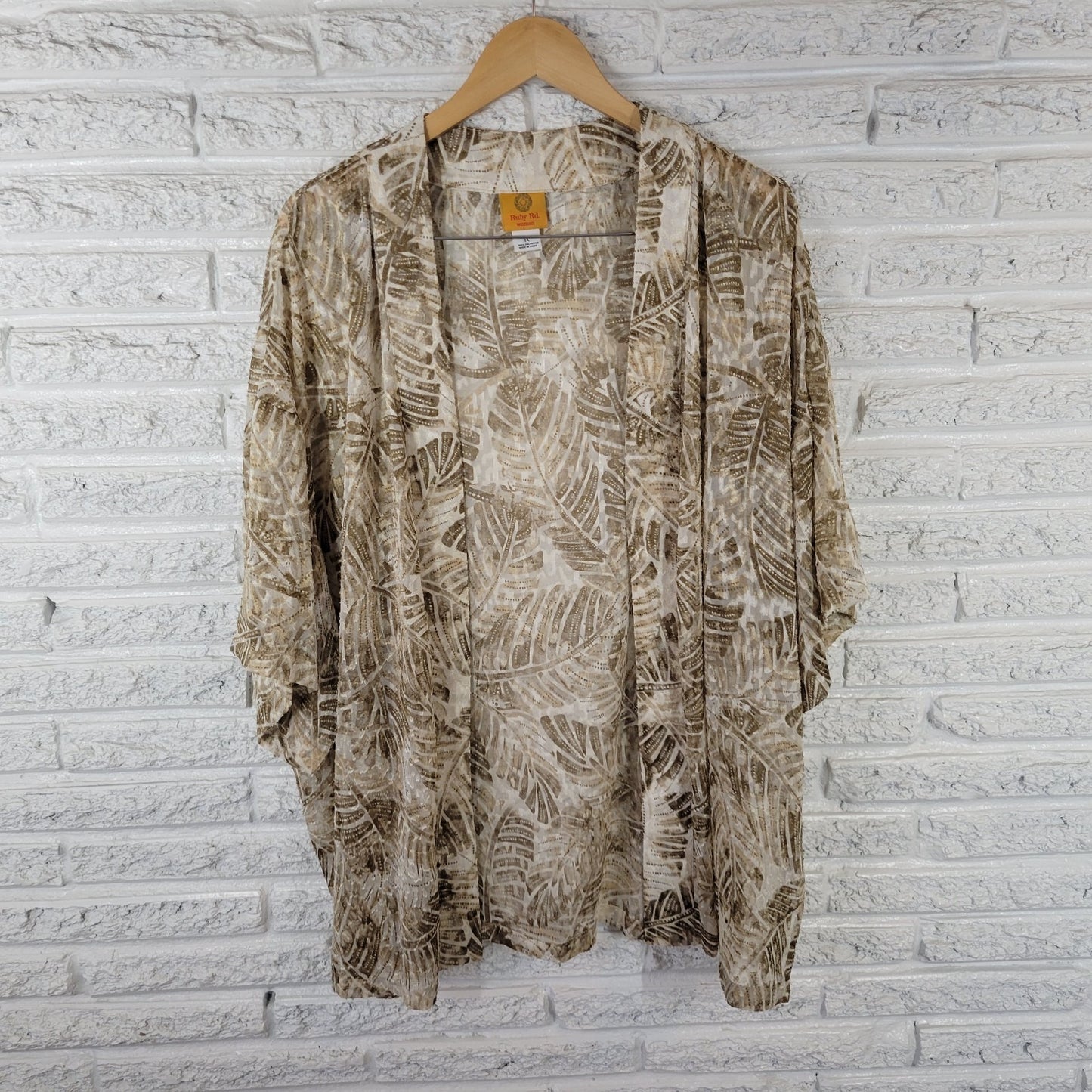 Ruby Rd 1X Plus Size Cardigan Duster Top Brown White Floral Metallic Open Front
